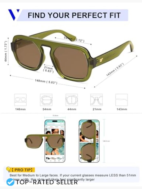 Retro Square Aviator Sunglasses Flat Top Rectangle Frame UV400 Protection